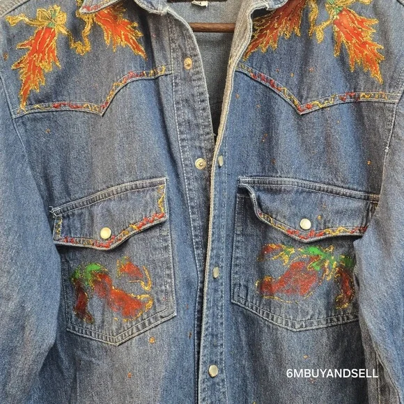Sunbelt Sportswear Painted Lady Designs Chili Pepper Denim Western Shirt Mens M - Picture 10 of 10